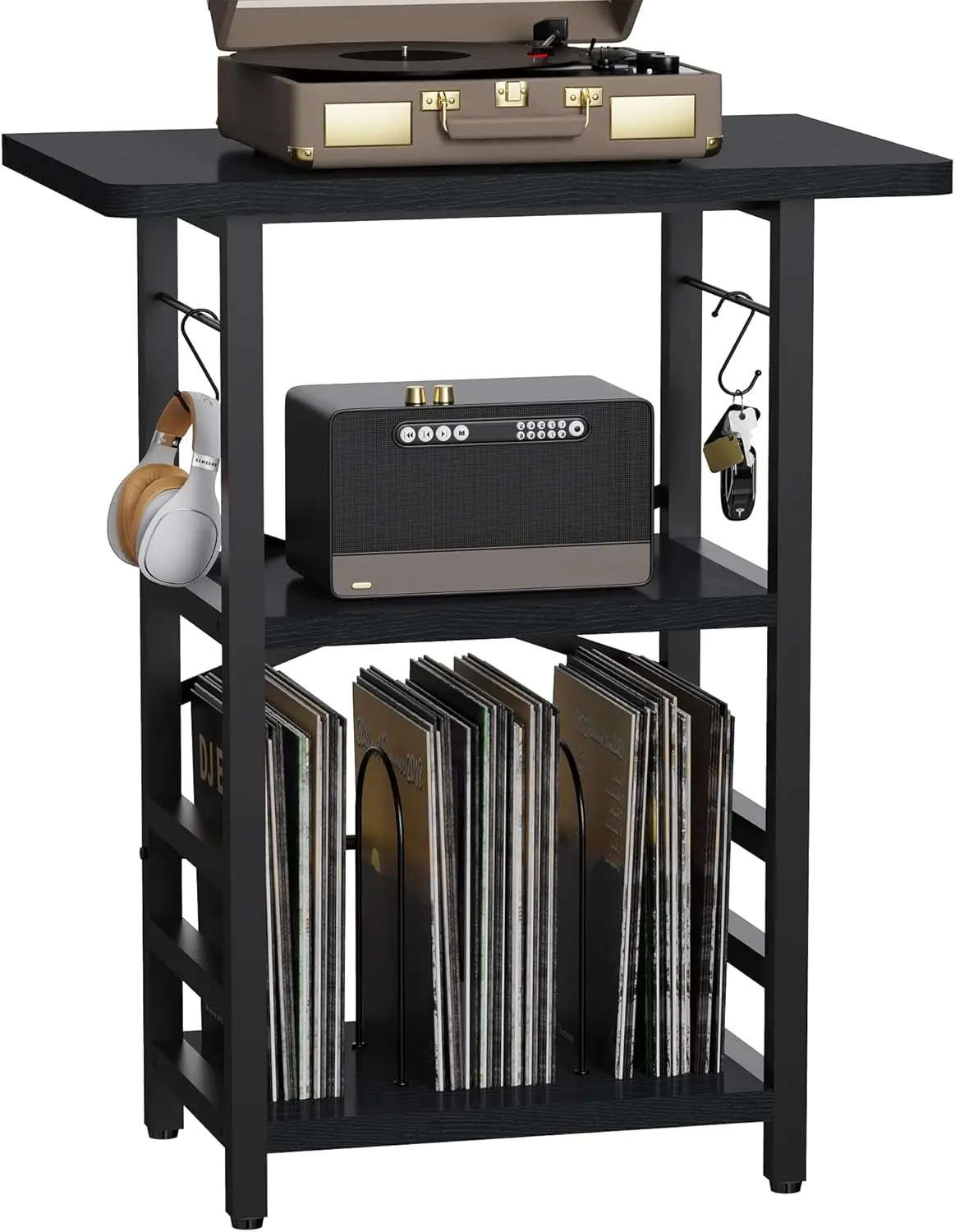 

Record Player Stand with Extended Desktop, Large Turntable Table with Vinyl Storage, Modern Black