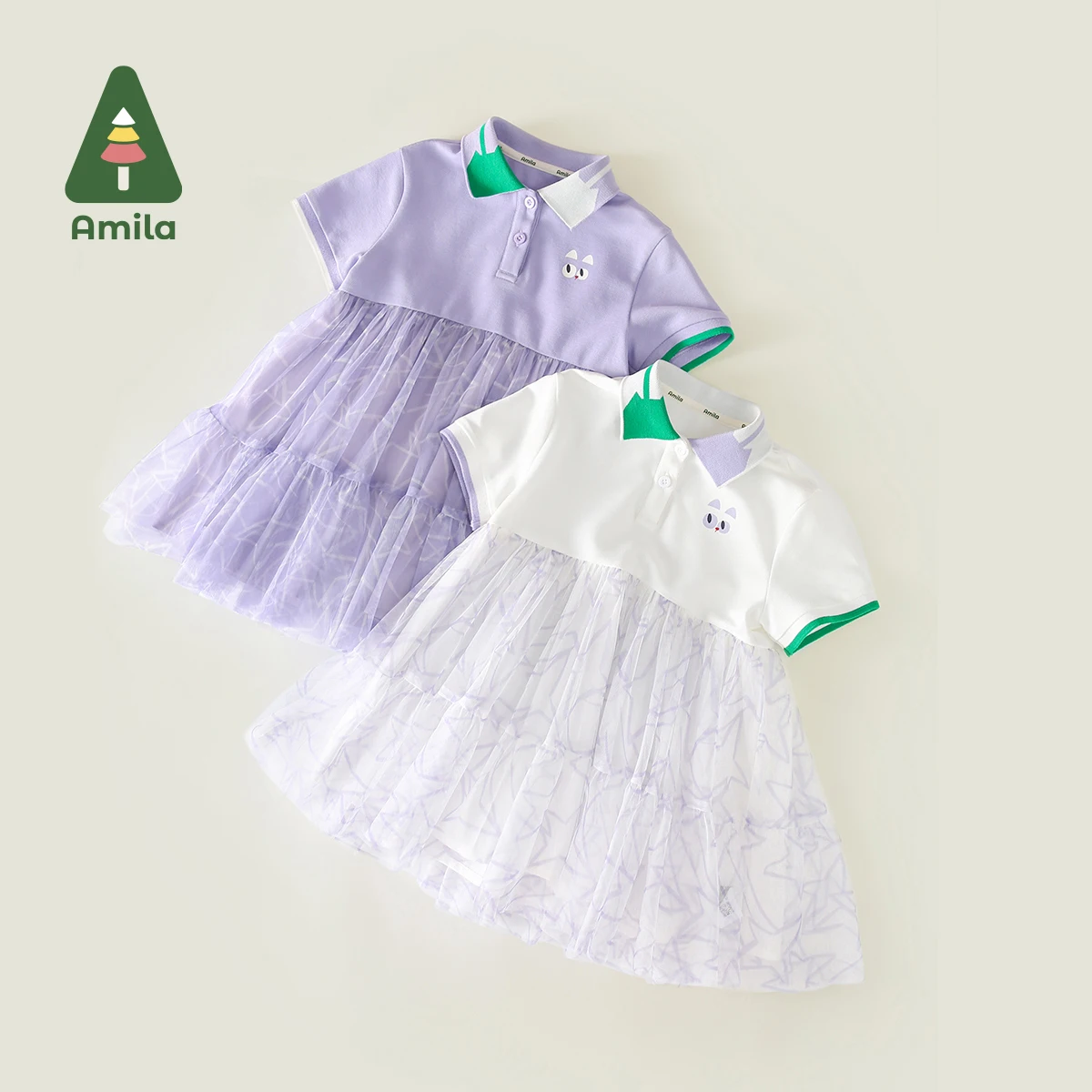 Amila Baby\'s Dress 2024 Summmer New Girls Polo Dress Mesh Patchwork Cute Solid Cotton Breathable Sports Dress