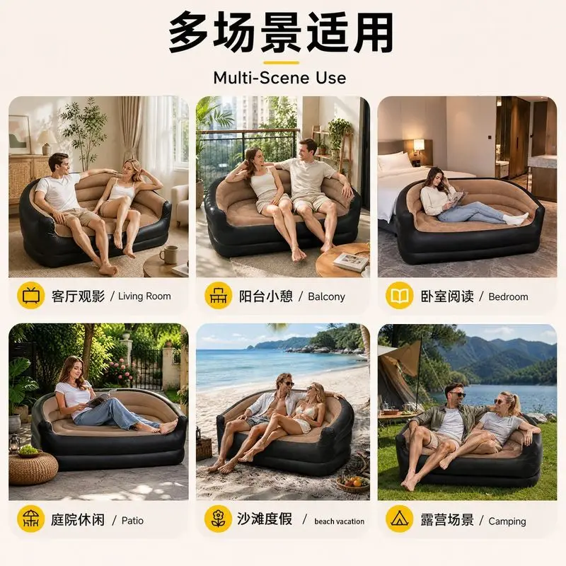 2-Seater Inflatable Lazy Sofa With Armrest, Portable Blow Up Couch Outdoor Camping & Garden Leisure