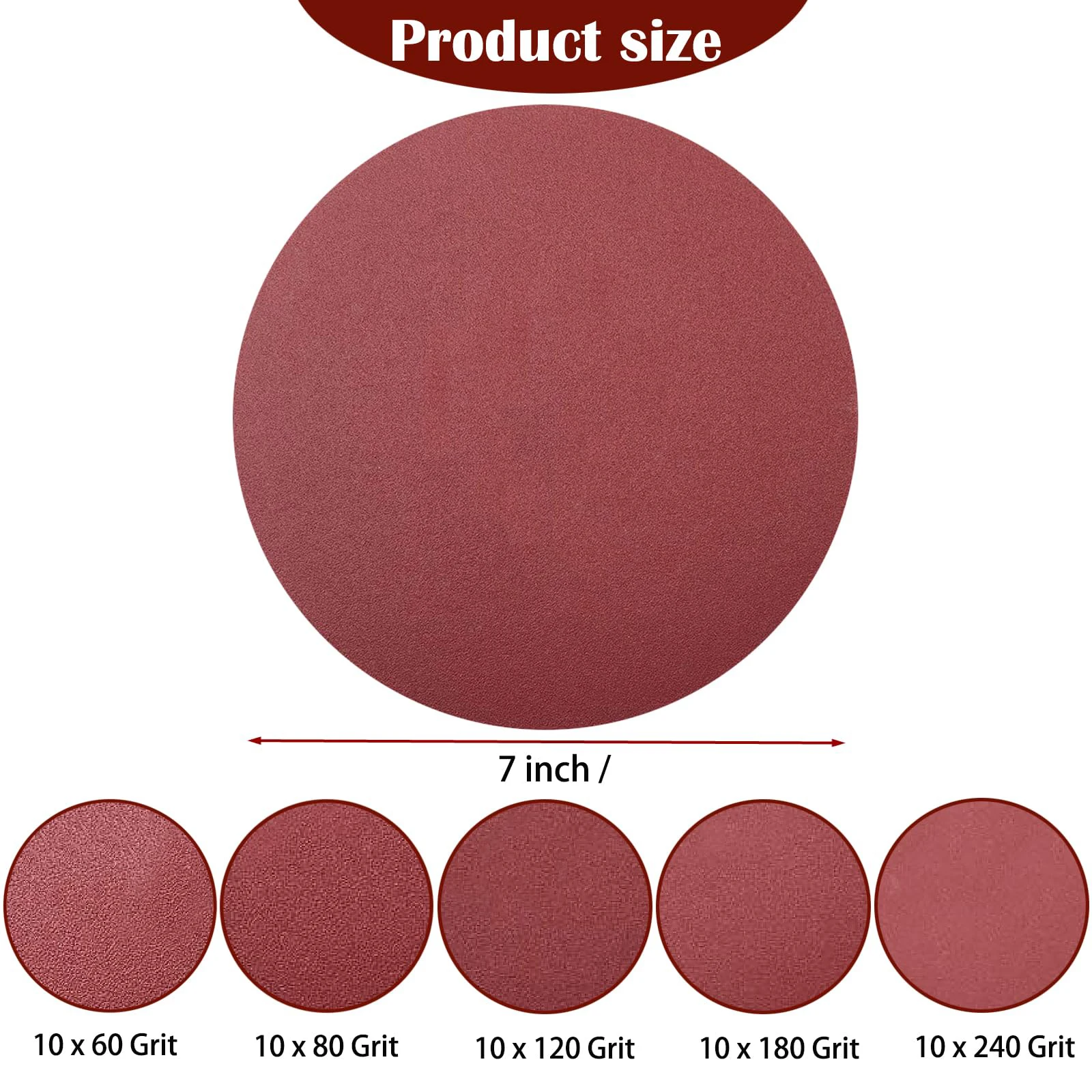 7 Inch Red Sandpaper 50 Pcs Assorted 60/80/120/180/240 Grits Hook and Loop Sanding Paper for Material Removal and Resurfacing