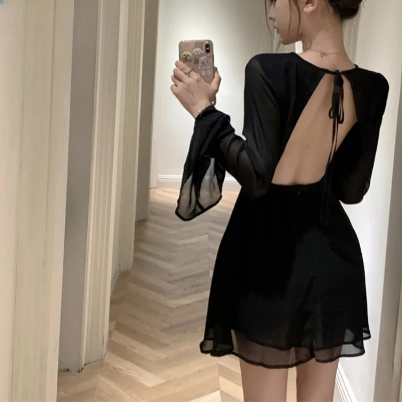 Solid Dresses Women Mini Retro Summer Spicy Ladies Backless Lace-up Sexy Designed Long Sleeve Korean Style Elegant Vintage Ins