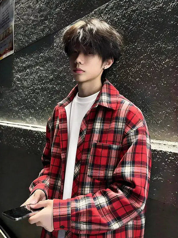 

Cleanfit Red Plaid Long Sve irt Men's Spring American Retro Thin Outerwear Loose Fit Breathable Youthful Outdoor Ciwalk