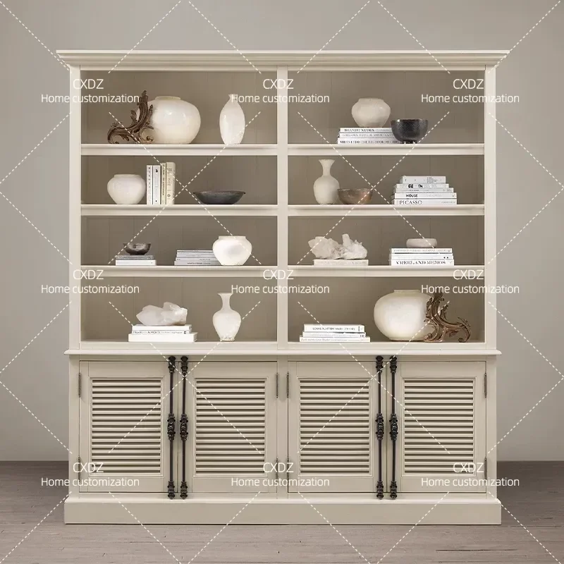 Venetian Style Solid Wood Dining Side Cabinet Retro White Display High Cabinet for Living Room Wall Mounted Large Bookcase