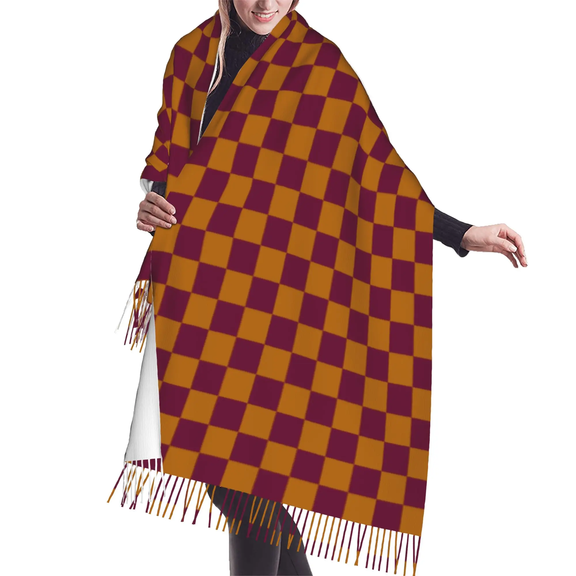 Custom Burgundy And Orange Squares Checkerboard Pattern Tassel Scarf Women Soft  Shawl Wrap Female Winter Fall Scarves