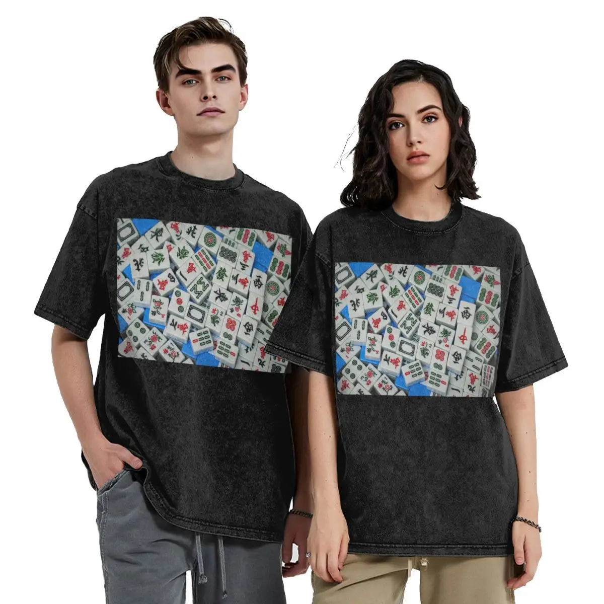 Mahjong Tile Pattern Washed T Shirts Harajuku Short Sleeve Hip Hop T-Shirt Streetwear Tops Tees for Men Women