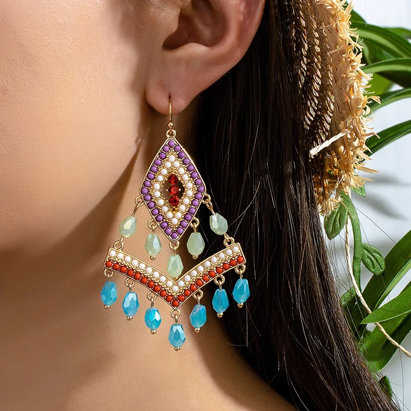 

Bohemian Style Earrings Retro Elegant Rhombus Tassel Earrings Vacation Accessories Long Dangle Fishhook Earrings Christmas Craft