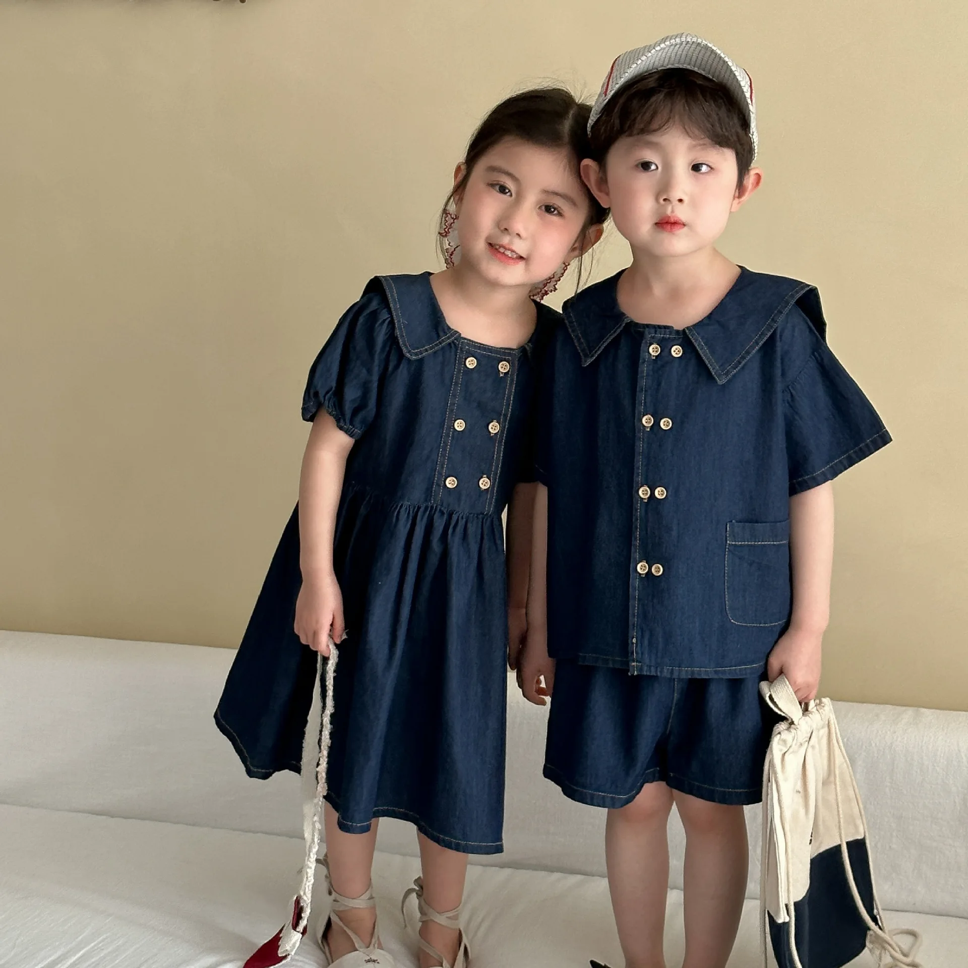 

Boys Shirts Shorts 2Pcs Outfits Short Sleeve Toddler Girls Dress 2025 Summer Brother And Sister Clothes Children's Denim Sets