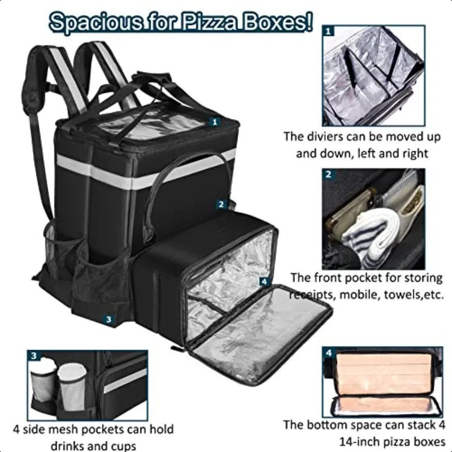 Zaino per la consegna di cibo con portabevande e divisori Borsa per la consegna isolata adatta a 4 grandi Pizzas Zaino termico per B