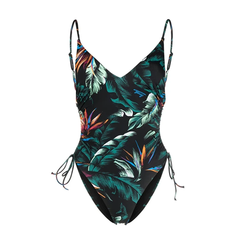 2023 One-piece Swimwear Women Green Print Pleated Sexy Sling Bikini Monokini Bathing Suit Summer Holiday Swimsuit Beachwear