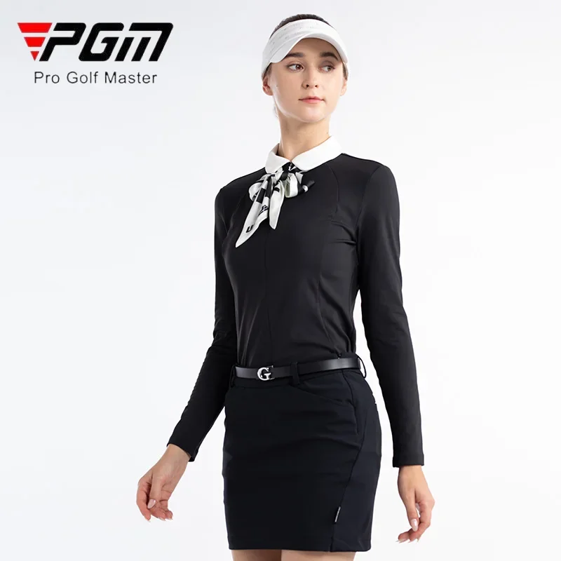 PGM Autumn Golf T-shirt Women Elastic Slim Golf Shirt with Silk Scarf Ladies Zipper Collar Soft Tops Long Sleeve Casual Wear