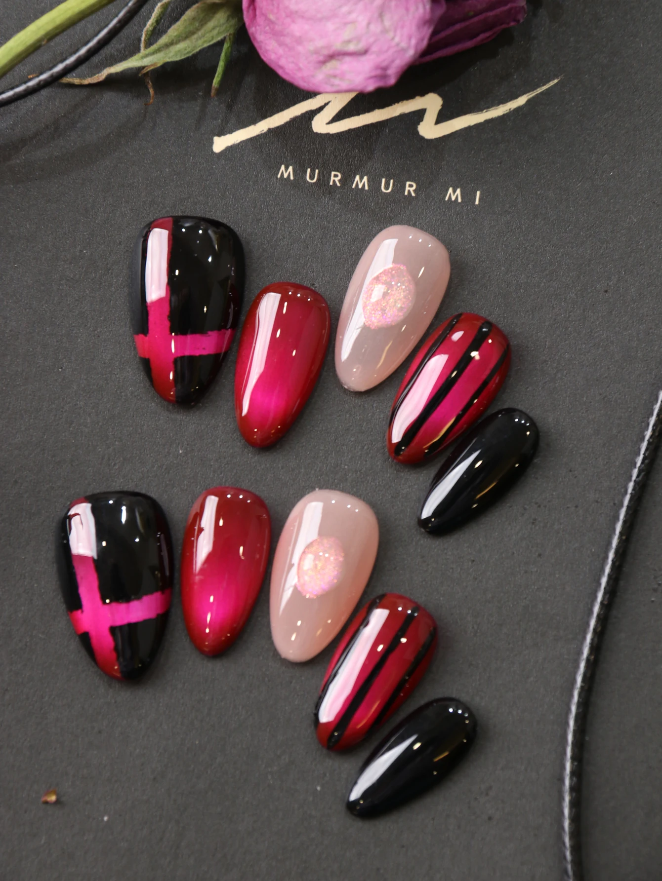 

10Pcs Press on Nails Short Rose Red Cat Eyes Black Fake Nails Includes 1 Sheet of Adhesive Tabs & 1 Pc Mini File