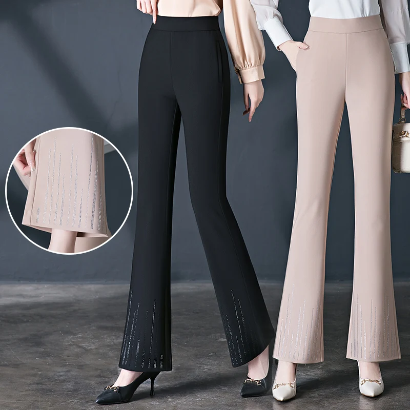 2024 Spring Micro La Casual Pants Women's Elastic Waist High Waist Hot Diamond Temperament Middle aged Mom Trumpet Fishtail Pant