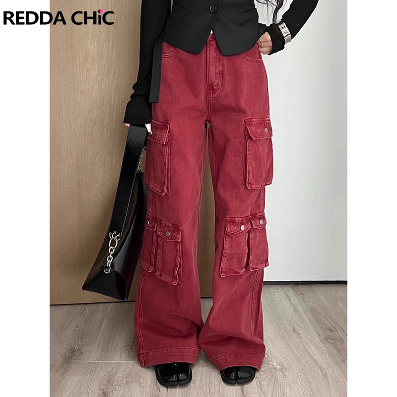 

Женские мешковатые джинсы ReddaChic, красные повседневные однотонные прямые широкие брюки-карго с высокой талией, в стиле ретро, хип-хоп, уличная одежда