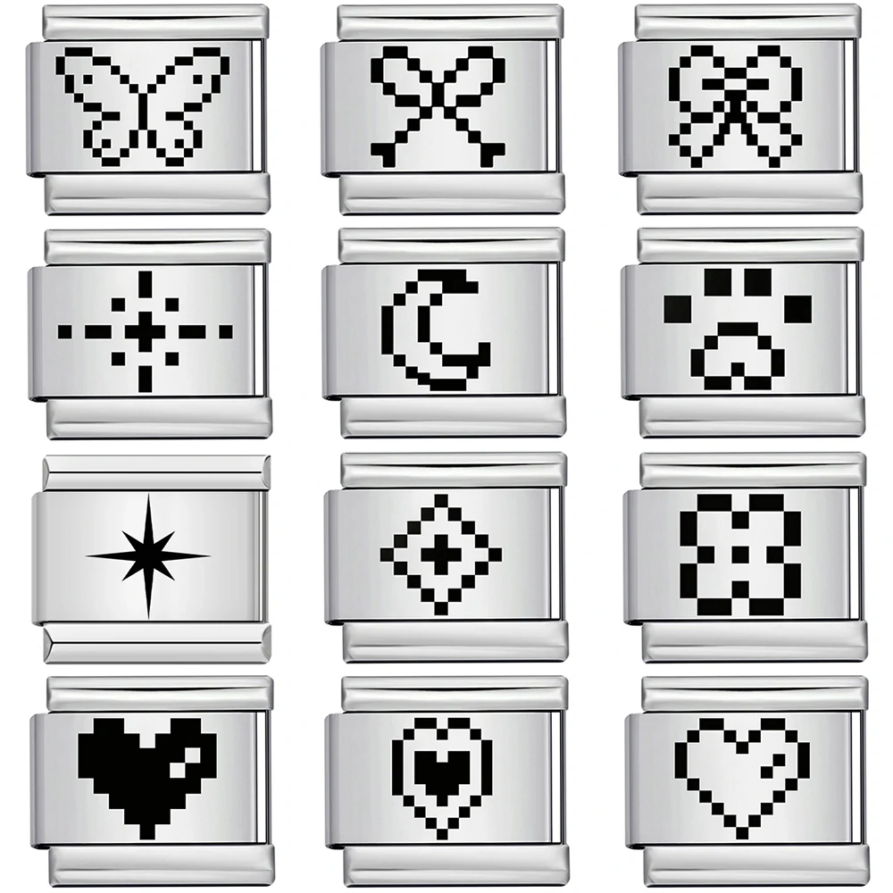 Laser-Retro-Pixel-Herz Geometrisches Schmetterlingsmuster Perlen-Geschenk Italienische Verbindung Passend für 9mm Armband DIY Edelstahl-Schmuck – Detail 1