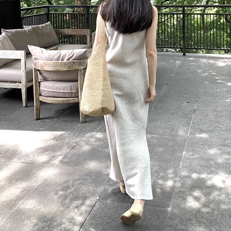 Chinese Style Cotton Linen Dress Sleeveless Women Clothing Bias Cut High Count Cool Temperament Vest Sweet Fresh Offce Lady Slit