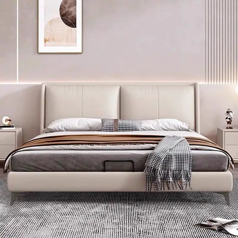 Italian Luxury Modern Genuine Leather King Bed with Storage Space, Soft Design Furniture for Villa Apartment Hotel Bedroom