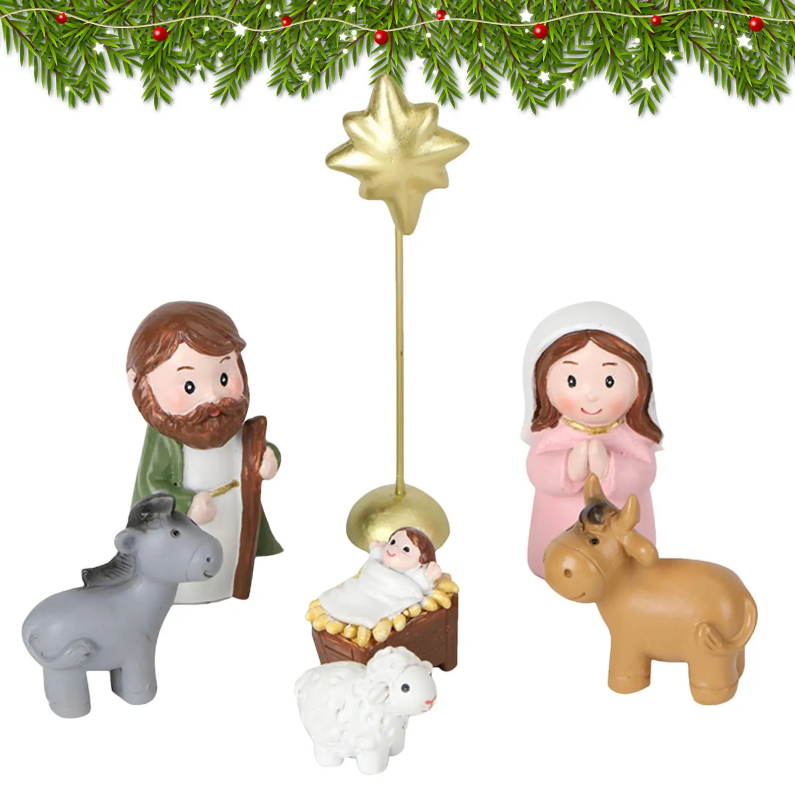 7pcs Christmas Nativity Scene Holy Family Statue Decorations Resin Jesus Nativity Scene Set For Indoor Home Desk Shelf Mantel