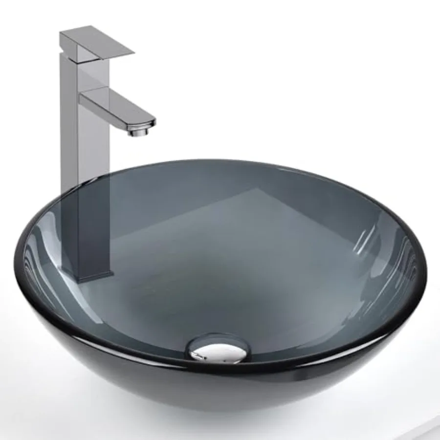 

Bathroom Vessel Sink, Tempered Glass Vanity Round Bowl with Chrome Faucet and Pop up drain Set