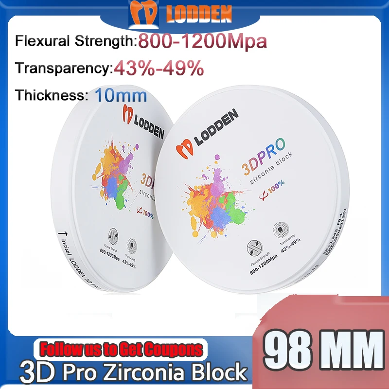 LODDEN Dental Lab Zirconia Block 3D Pro Multilayer 98*10mm Transparency 43-49% Strength 800-1200Mpa CAD CAM Shades A1 A2 A3 A3.5