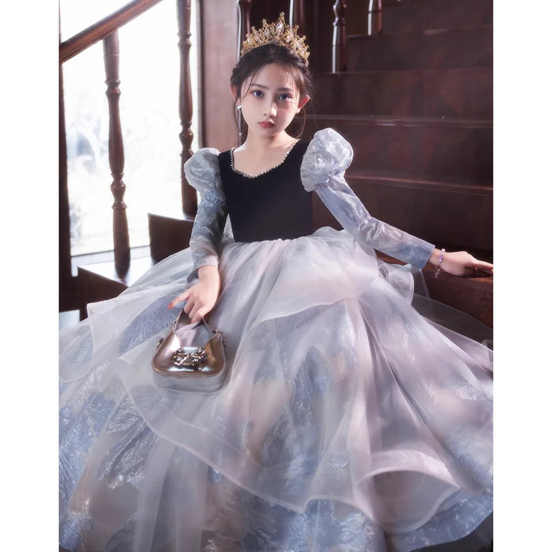 

Girls' Evening Dress2025Summer New Long Sleeve Cute Big Kids Puff Sleeve Fairy-like Show Performance Children's Dress