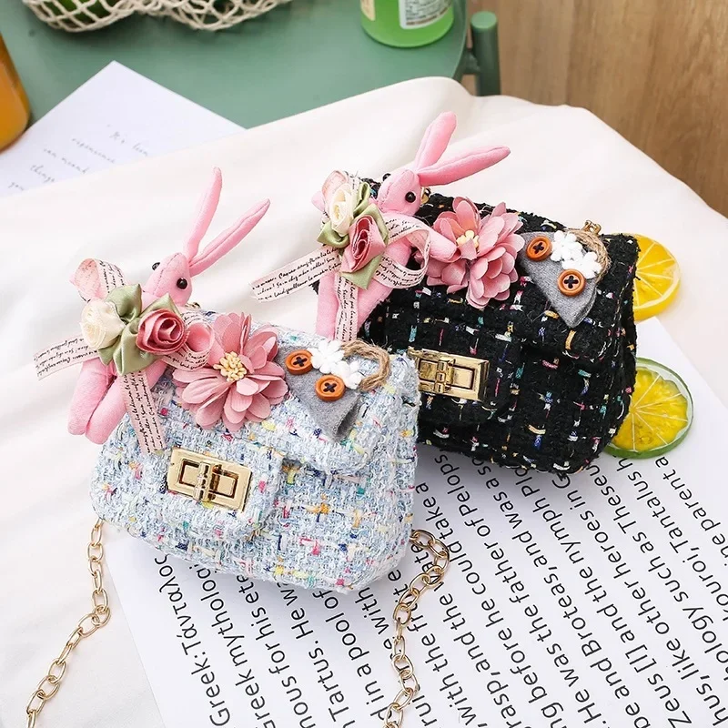 Children Cute Girl Cartoon Flower Shoulder Mini Crossbody Baby Little Zero Wallet Candy Snack Bag Purse Pearl Flower Metal Chain