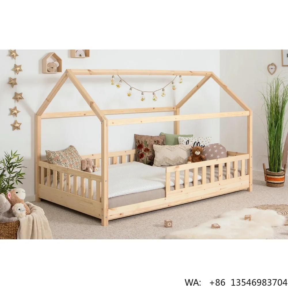 

Montessori House Bed Children Bedroom Furniture Kids' Babies' Bedding Modern Simple Wood Frame Floor Kids Bed With Guardrail