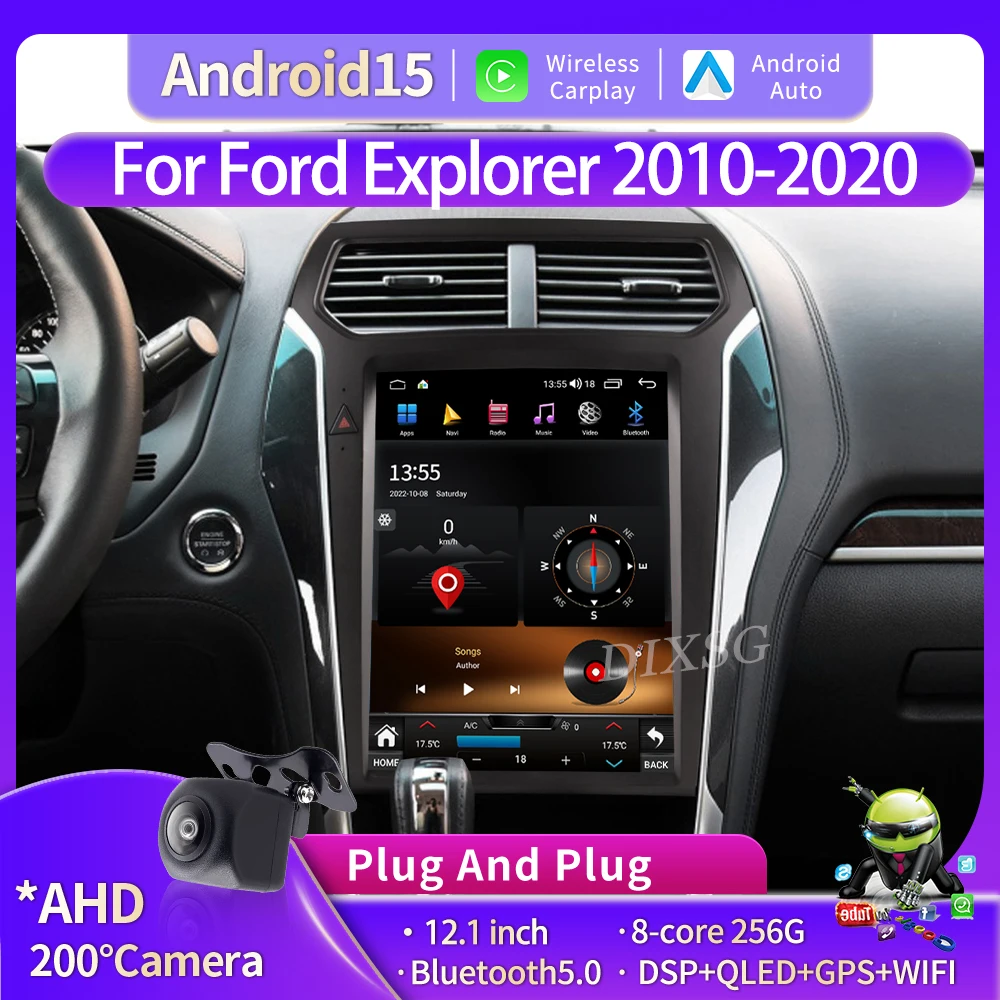 Tela estilo tela android15 ips de 12.1 polegadas para ford explorer 2010-2020 reprodutor multimídia de rádio de carro sem fio carplay unidade central gps