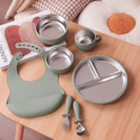 7PCS Stainless Steel Detachable Dishes Plate Silicone Baby Feeding Set BPA Free Fork Spoon Bib Weaning Tableware Training