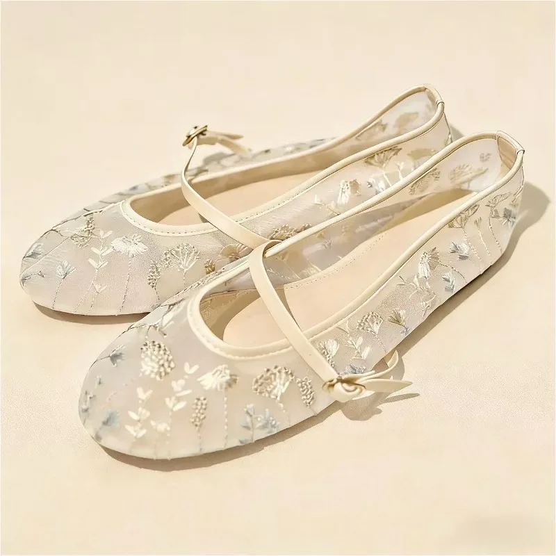 

Mesh Embroidery Brand Ballet Flats Women Round Toe Mary Jane Shoes Buckle Leisure Walking Shoes Light Breathable Designer Shoes