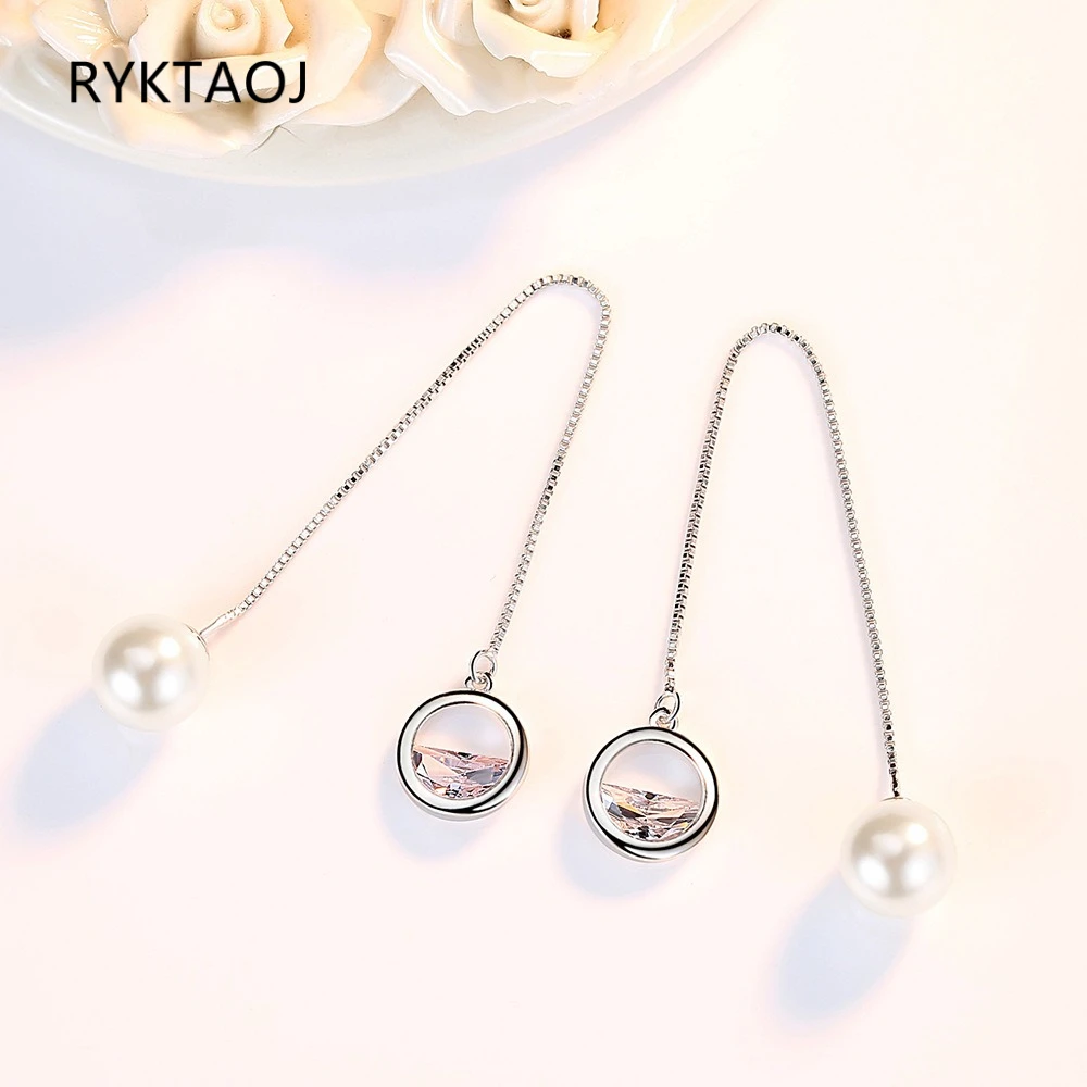 925 Sterling Silver Long Threader Earrings for Women, Round CZ Imitation Pearl Pull Through Ear Line Elegant Fine Jewelry Gift