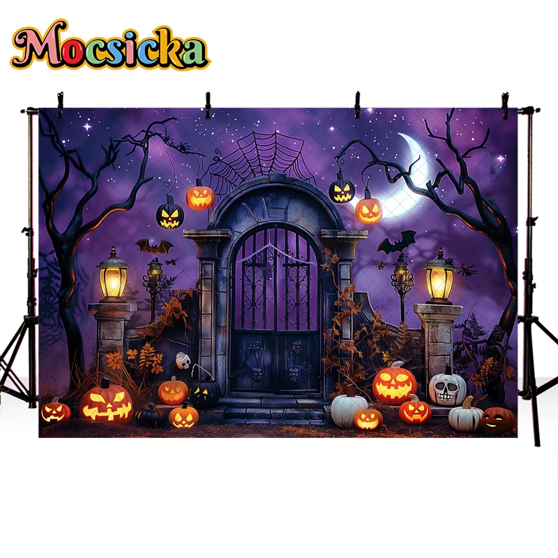 Mocsicka Halloween Cemetery Pumpkin Backdrop Child Baby Photocall Props Adult Kids Birthday Photography Gone Bat Background