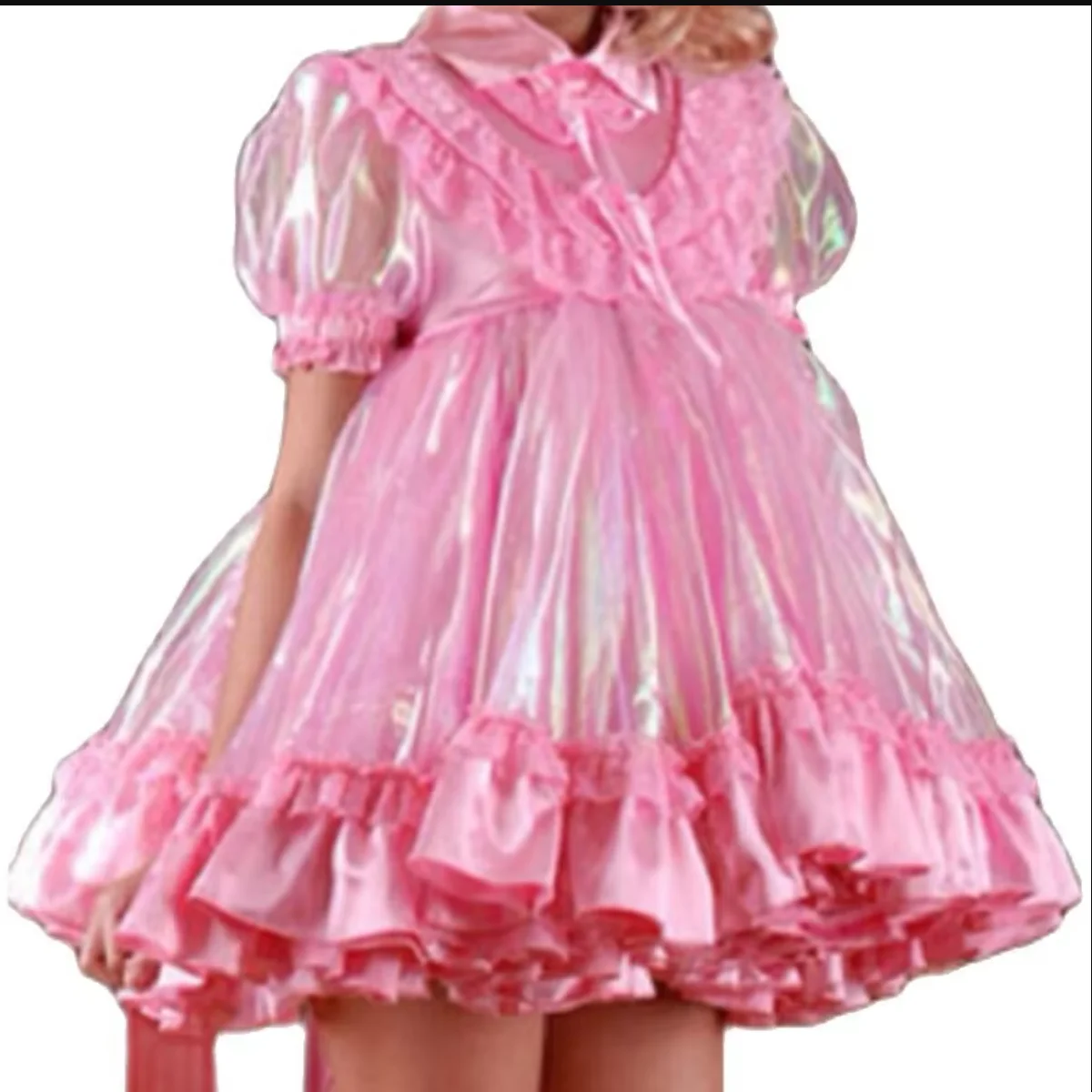 

French Maid Satin Small Lapel Shoulder Bubble Sleeve Organza Mini Fluffy Skirt Cross Skirt Sissy Role-playing Custom