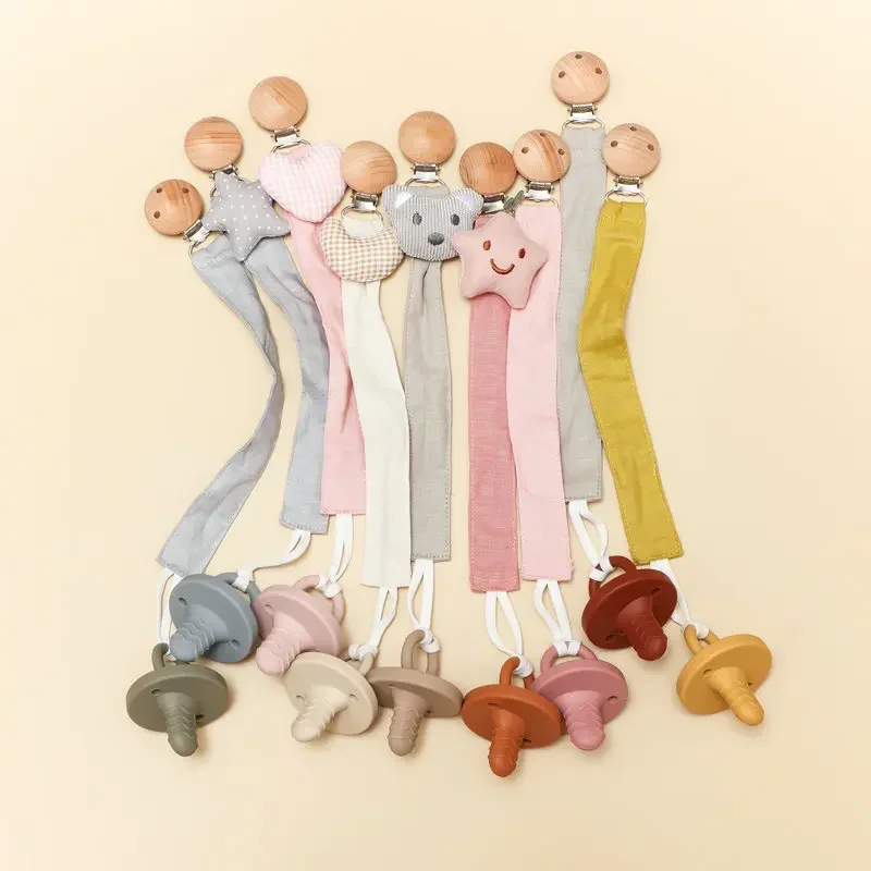 Soother Dummy Holder Pacifier Baby Clip Infant Newborn Cotton Wooden Pacifier Chain Nipple Eco-friendly Material