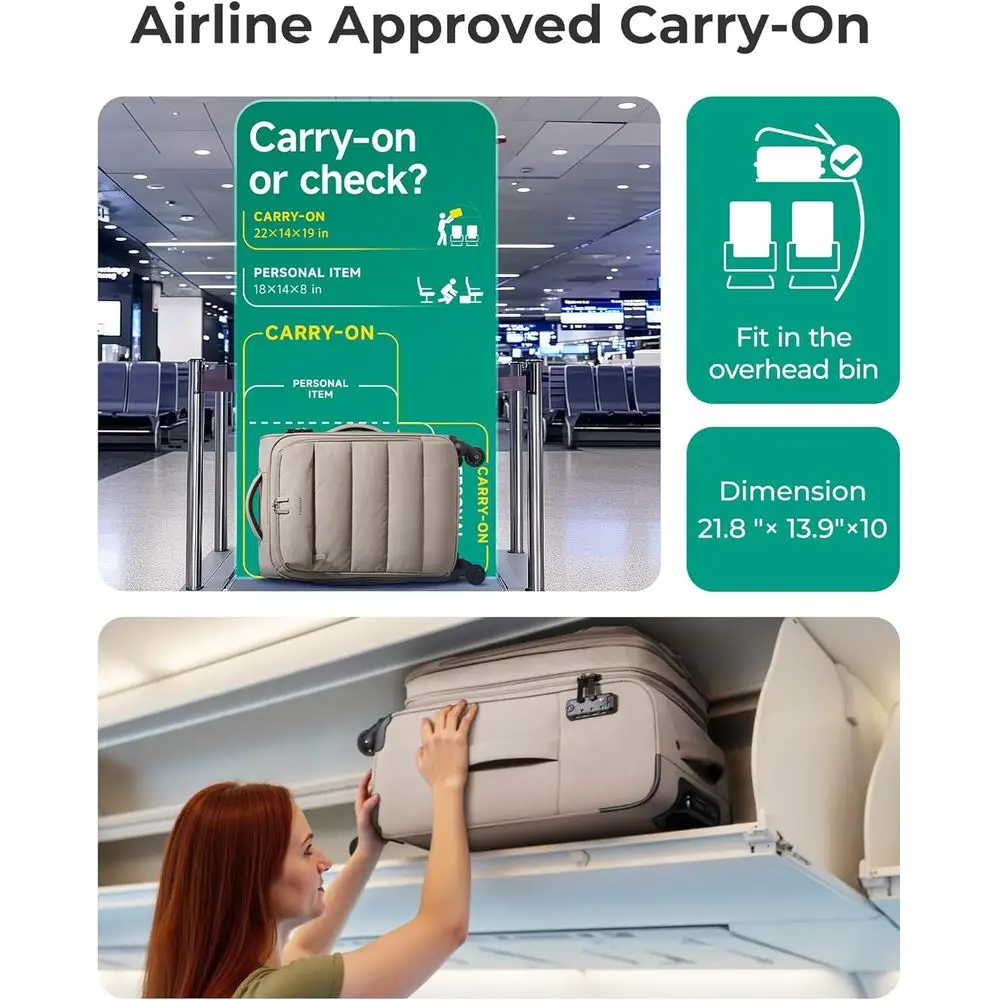 20 Lightweight Spinner Carry-On Suitcase, Airline Approved, PVC Pockets, Camel