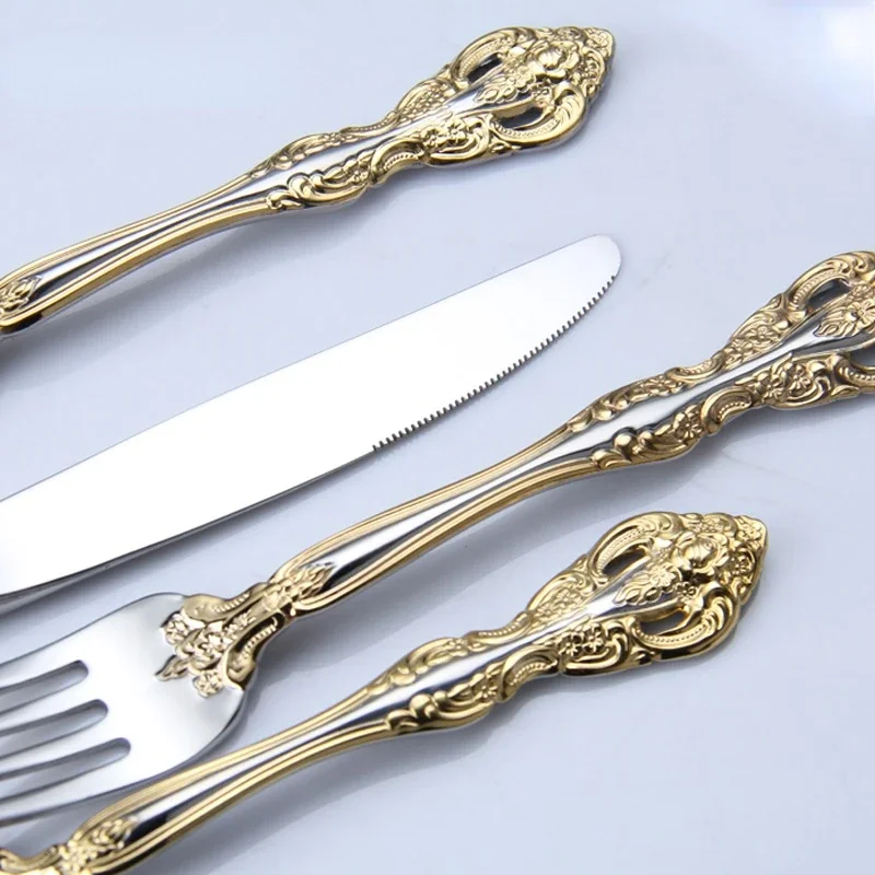 5-piece Set of 304 Stainless Steel Knife Fork and Spoon Retro Gold-plated Cutlery Set Steak Knife and Fork Gold Silverware Set