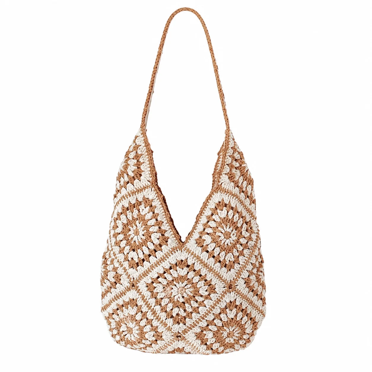 Handmade Crochet Granny Square Tote Bag Women Boho Knitted Shoulder Bag Large Capacity Summer Beach Handbag