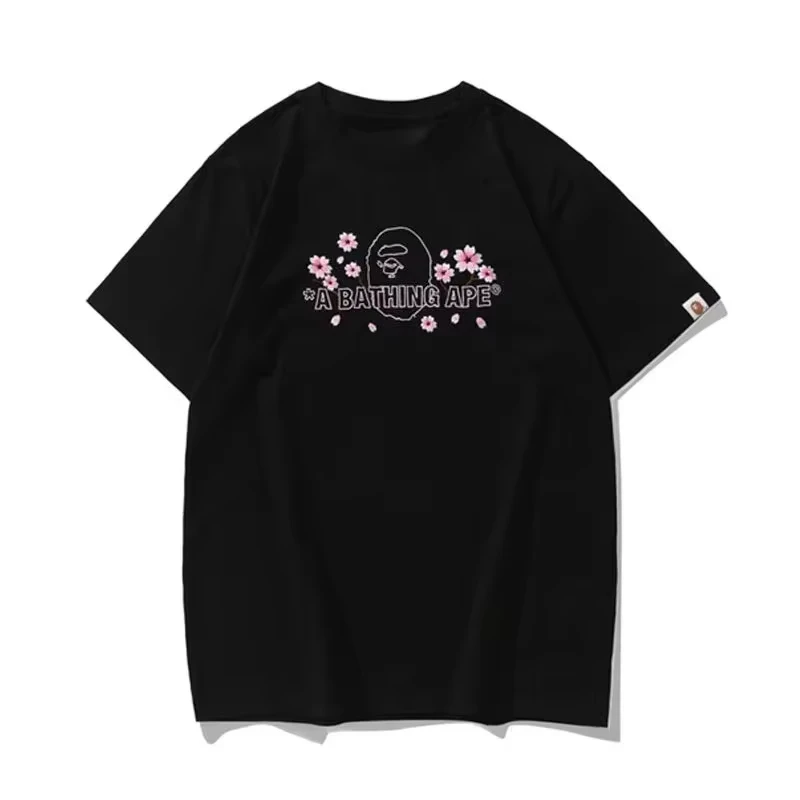 2025 BAPE Short-sleeved Men's Printed Cherry Blossom Simple and Versatile Summer Loose Cotton Couple Teen Trendy T-shirt Y2K