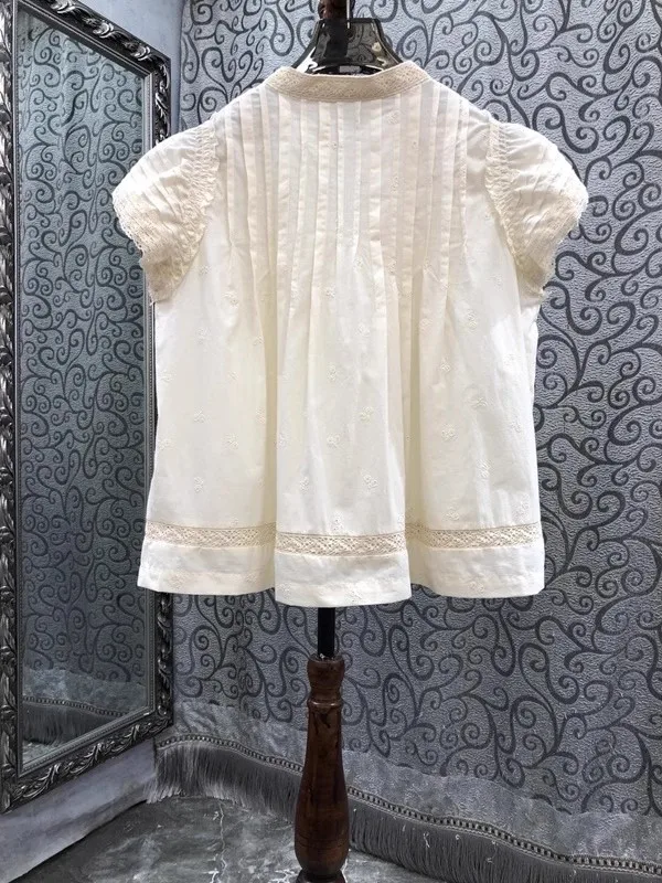 100%Cotton Tops 2024 Summer Fashion Blouses Women Bow Collar Lace Embroidery Deco Short Sleeve Apricot Dark Blue Loose Tops