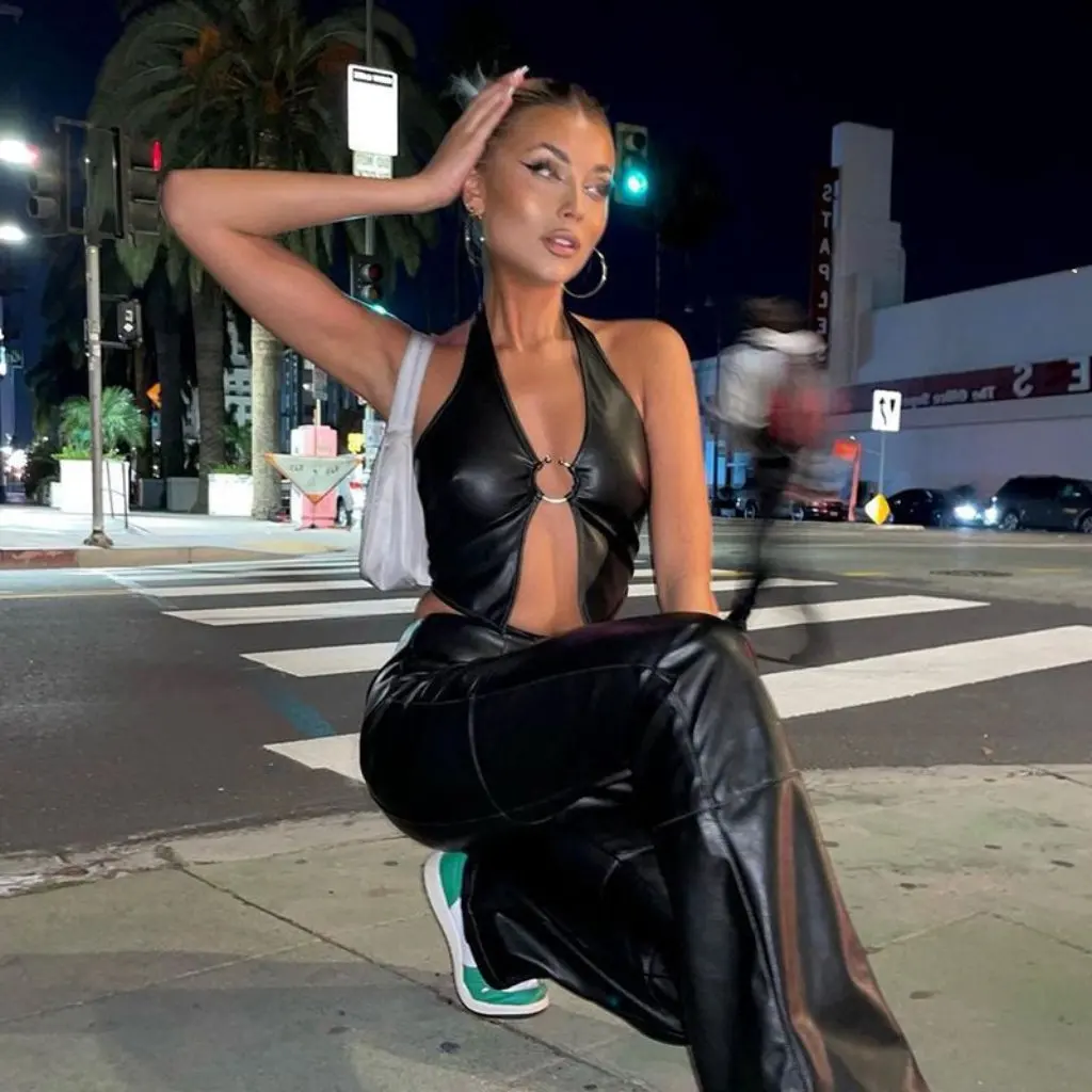 

Women's Slim-fit PU Vest European American Style Summer Fashion Neck Hanging Hollow Backless Navel-exposed Sexy Small Top