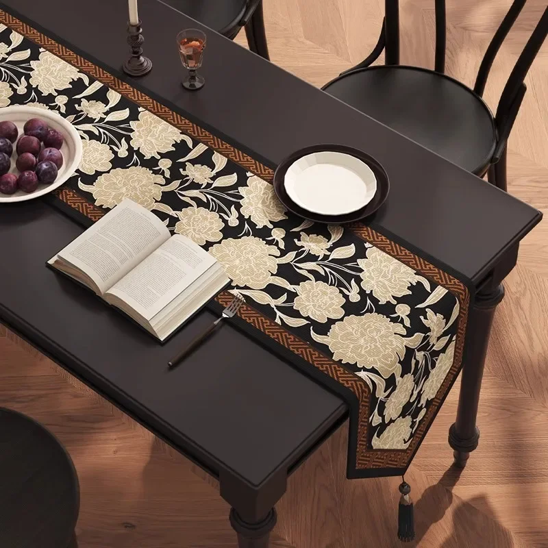 Vintage Floral Linen Table Runner Black Tassels Waterproof Cloth Tea Sideboard Coffee Cabinet Multi Size Home Table Decor Accent