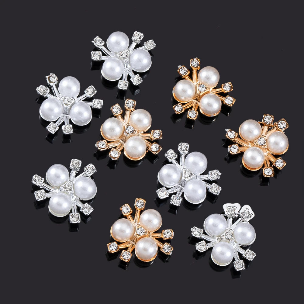 20pcs 21mm Flower Imitation Pearls Rhinestone Cabochon Flat Backing Patch for DIY Jewelry Making Brooch Needlework Bow Material