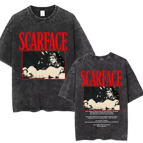 Imagen 2 del producto Camisetas clásicas de la película de Gangsters de los años 90, camisetas con estampado de doble cara de Scarface, camiseta lavada Vintage de Tony Montana Al Pacino, camisetas de Rock para hombres