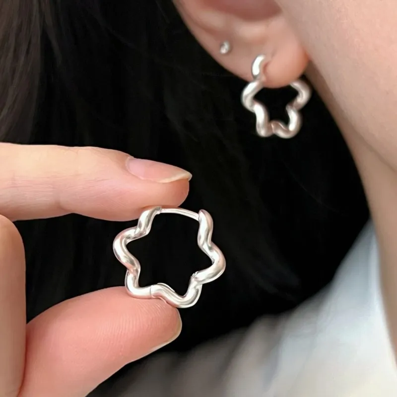 925 Sterling Silve Flower Hoop Earring for Women Line Hollow Out Minimalist Office Versatile Jewelry Gift Dropshipping