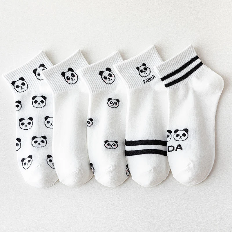 

5Pairs Girls Cute Panda Face Funny Short Ankle Socks White Casual Summer Spring Two Stripes Soft Cotton Women Sokken Sport Gift