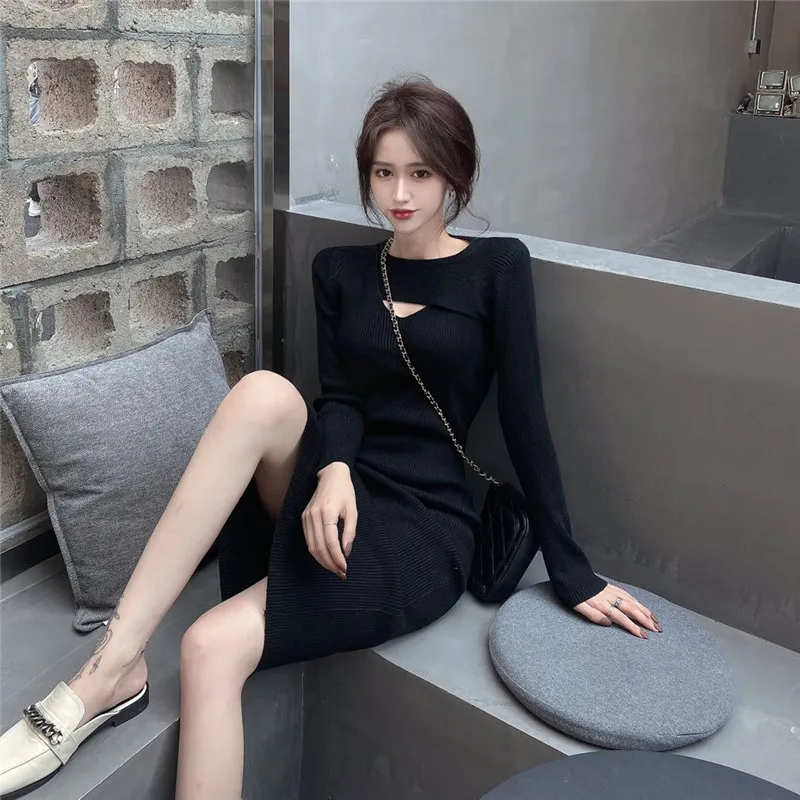 Fall 2024 New Black Underwear Underlay Cutout Knit Dress Small Hepburn Style Slim Slim Sweater Dress