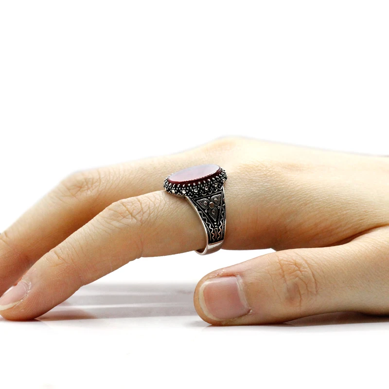 خاتم Türkiye مصنوع يدويًا للرجال S925 فضي كلاسيكي عتيق من العقيق الأحمر الطبيعي مجوهرات عطلة عطلة هدية حفلة