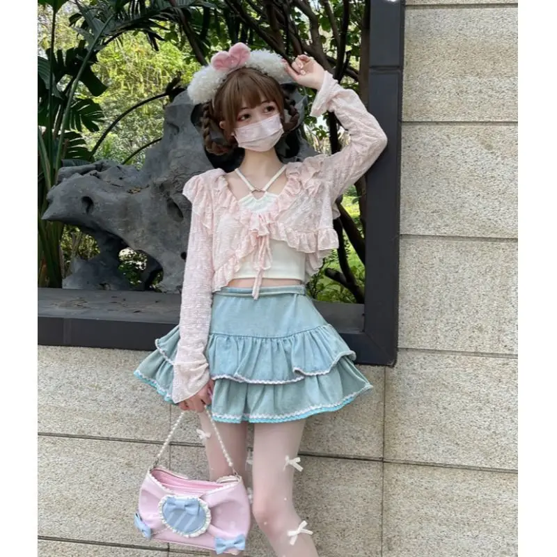 Japanese Kawaii Lolita Thin Sunscreen Cardigan Women Summer Cute V-Neck Ruffles Long Sleeve Lace Sweet Loose Cropped Cardigan