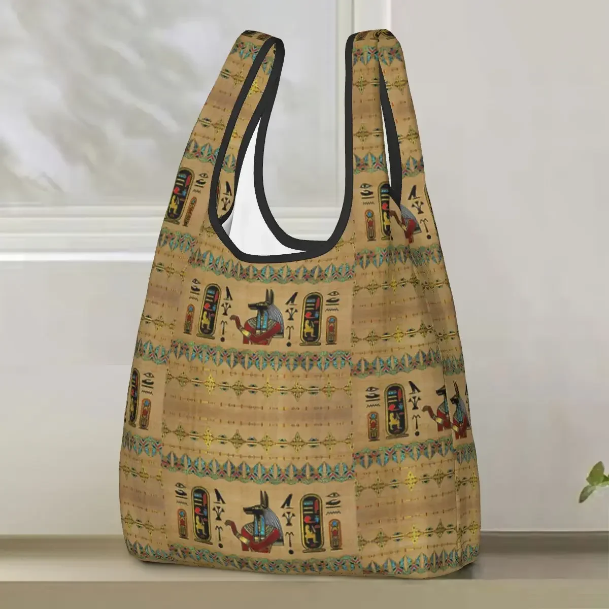 Egyptian Anubis Ornament On Papyrus Shopping Bag Portable Tote Bags Foldable Shoulder Shopper Bag Groceries Handbag