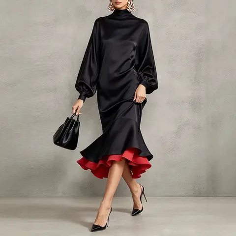 Dress Women Elegant Color Matching Maxi Dress Fashion High Neck Ruffle Hem Satin Long Dress 2026 Autumn Long Sleeve Casual Party Dress