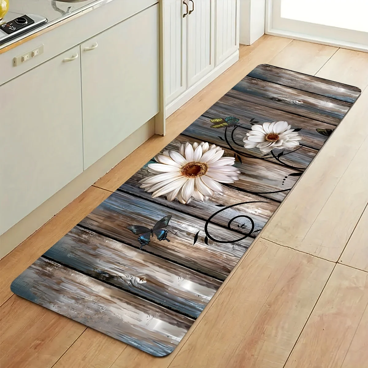 Chrysanthemum Butterfly Print Kitchen Mat, Striped Floral Polyester Flannel Non-Fade Quick Dry Rug for Multi-Room Seasonal Decor